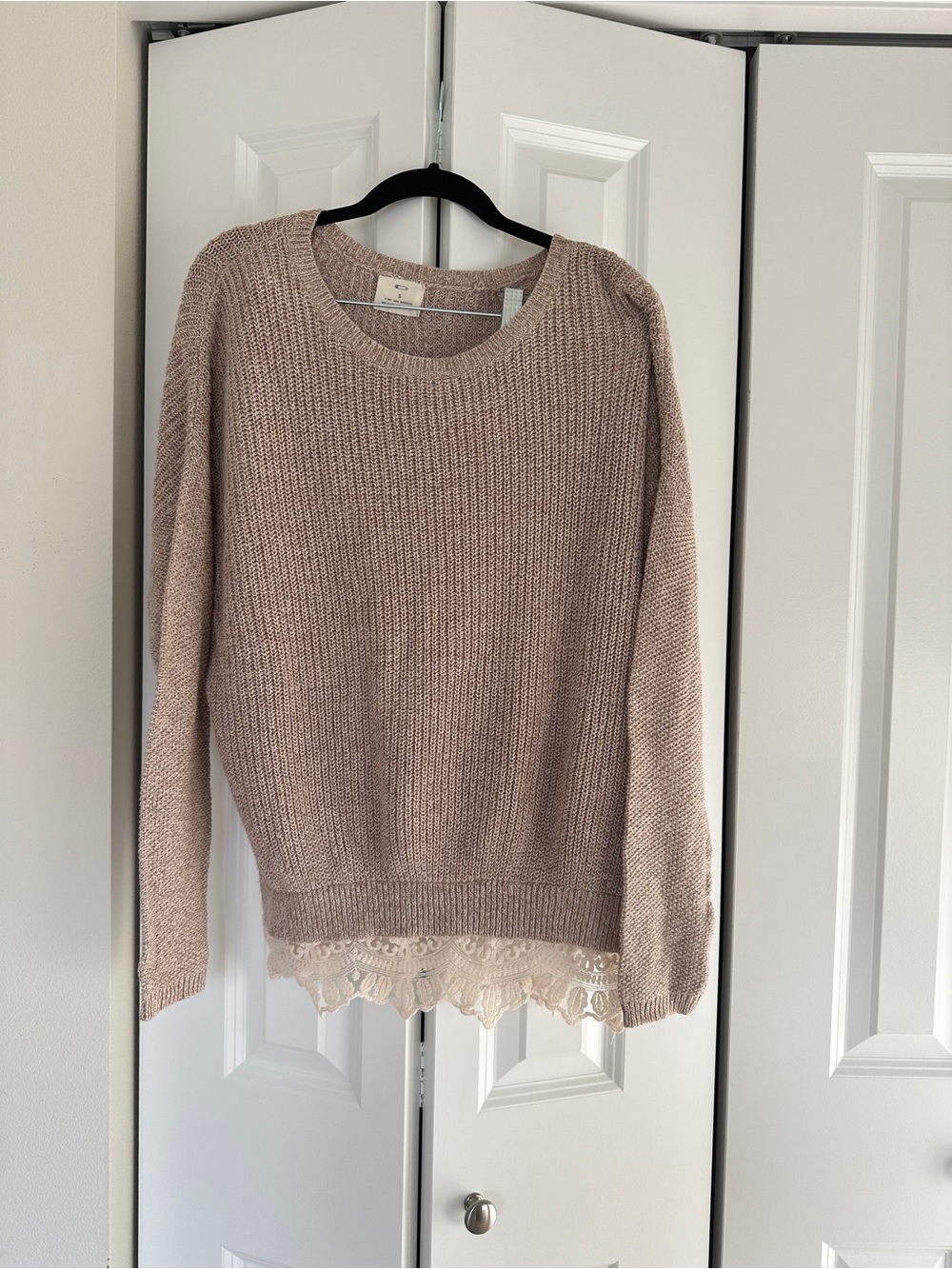 Pins and needles neutral sweater cute sweater with lace trim on bottom